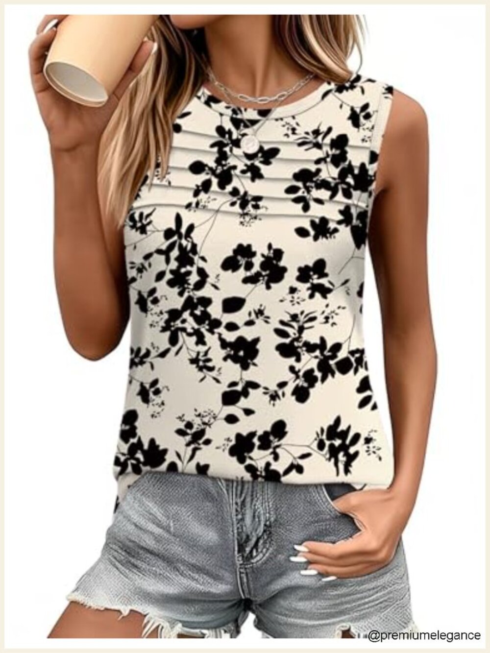 Womens Loose Flowy Tank Top Sleeveless Crewneck Pleated Curved Hem Casual Summer